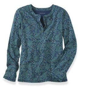 NorthStyle Womens XL Floral Long Sleeve Henley Knit Cottagecore Top Blue Green